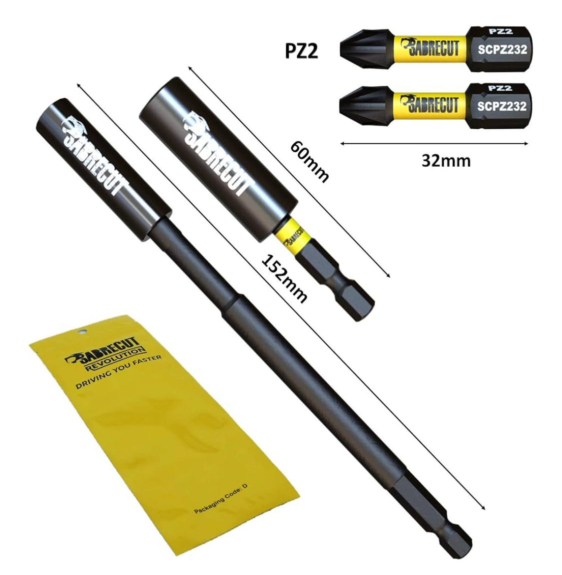 01) 4pc SabreCut Magnetic 60mm and 152mm Professional Impact Bit Holders with 2 x 32mm PZ2 Screwdriver Impact Bits