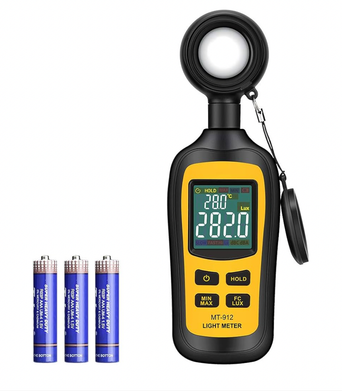 0) Handheld Digital Light Meter Ambient Temperature Measurer with Range up to 200,000 Lux with 4 Digit Color LCD Screen (Black)