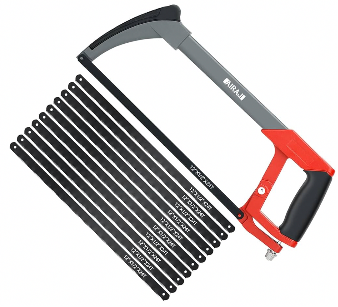 AIRAJ Hacksaw with 10 Saw Blades of 300MM Length, Replaceable Saw Blades, Two Cutting Angles 45°/90°, Comfortable Soft-Coated Rubber Handle, Cutting Wood, Metal, Plastics, Rubber