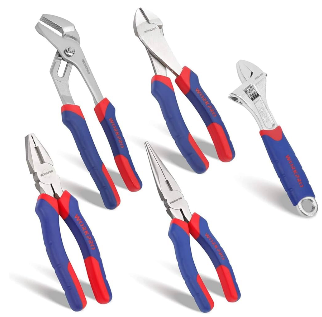 WORKPRO 5-Piece Pliers Set, Includes 250nn Water Pump Plier, 200mm Combination Plier, 200mm Long Nose Plier, 180mm Diagonal Cutter, 200mm Adjustable Wrench, with Soft Grip Handles
