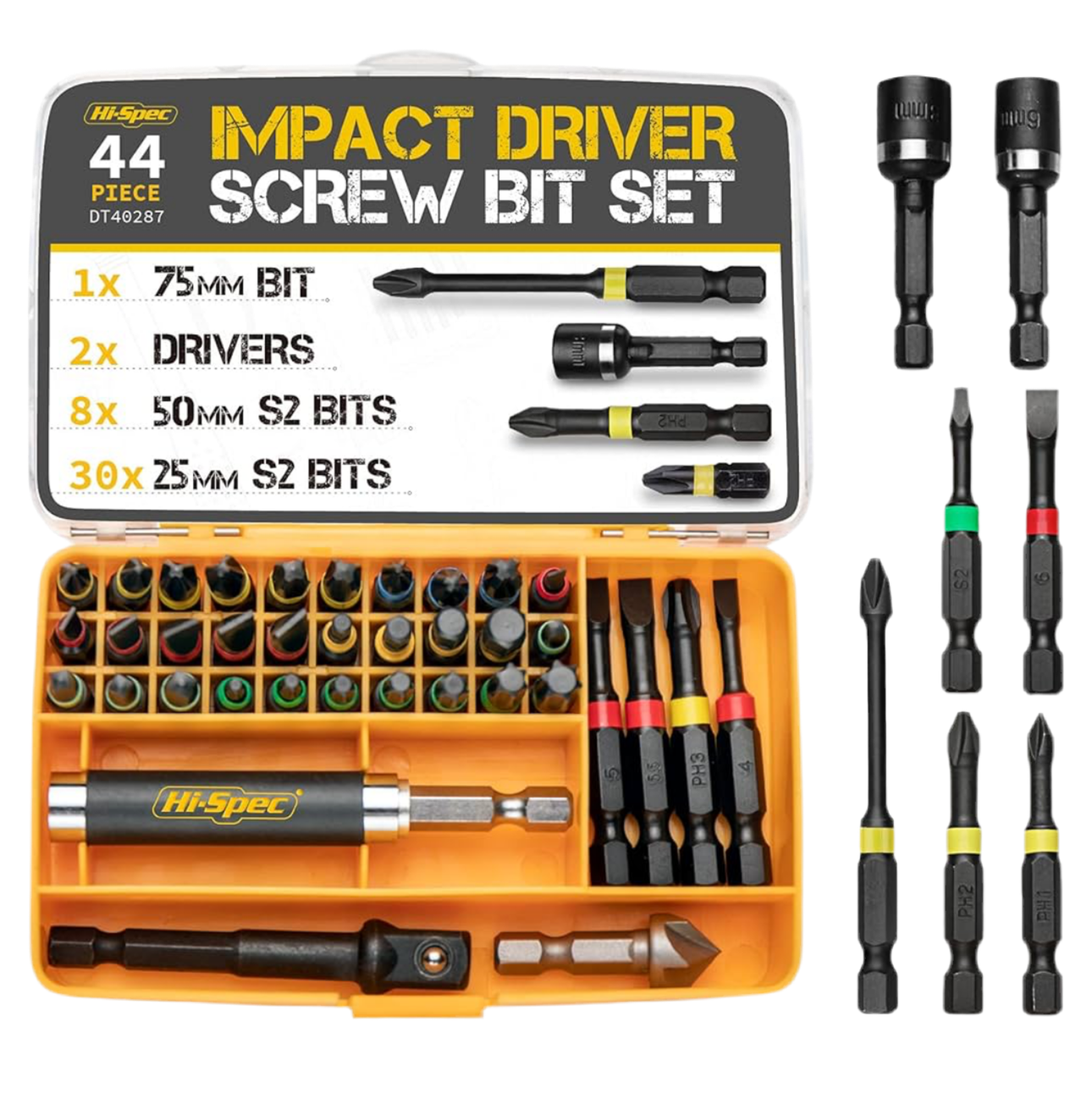 2) Hi-Spec 44pc Impact Drill Driver Screw Bit Set with Popular PZ & PH Sizes. 1/4 Hex S2 Screwdriver Bits with Nut and Socket Drivers