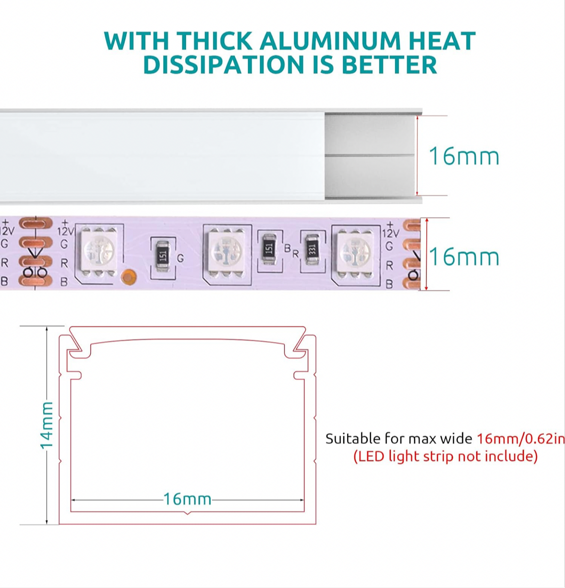 6 Pack Led Aluminum Profile for Philips Hue Led Strip Lights etc,1m/3.3ft U-Shape Led Aluminum Channel, Led Diffuser with Milky White Cover, End Caps and Metal Mounting Clips (6Meter)