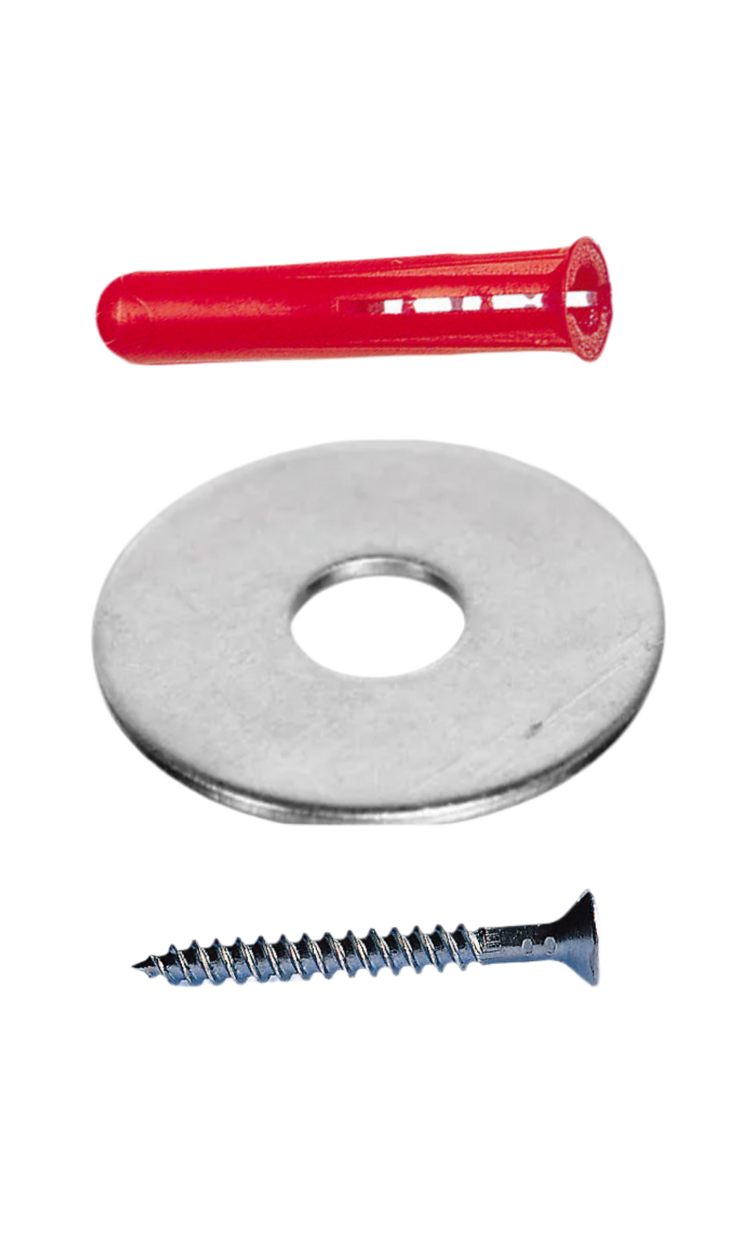 001) Consumer unit fixings - 4x 50mm (2INCH) Screws, 4x Red Raw Plug & 4x M6 Penny Washers