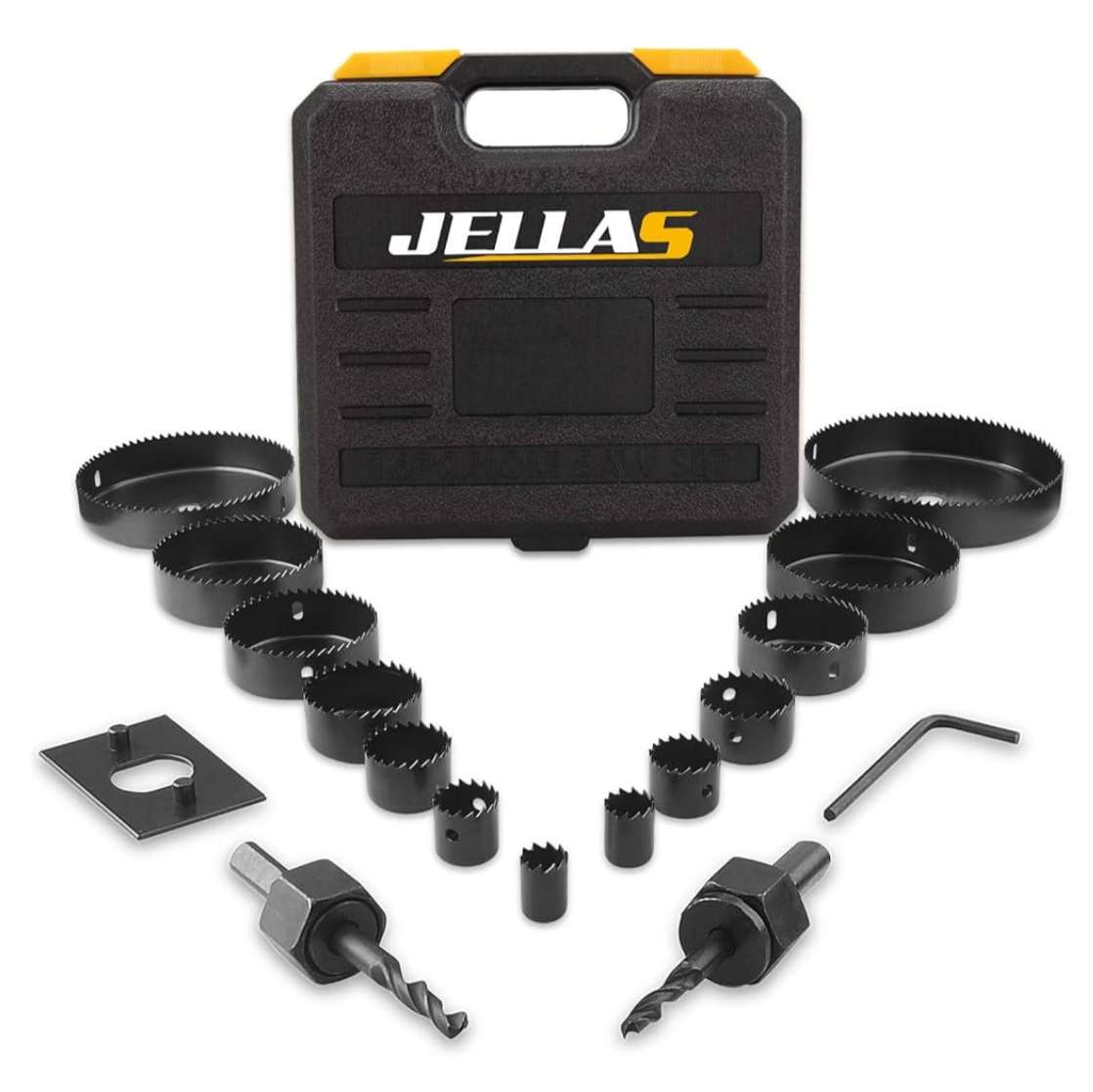 Hole Saw Kit, JELLAS 19Pcs 19mm-127mm Hole Cutter Set(Include 25 and 38mm) in Hard Box, 2 Mandrels, 1 Installation Plate, 1 Hex Key, Durable and Cut Precise Holes for Soft Wood, PVC Board and Plastic