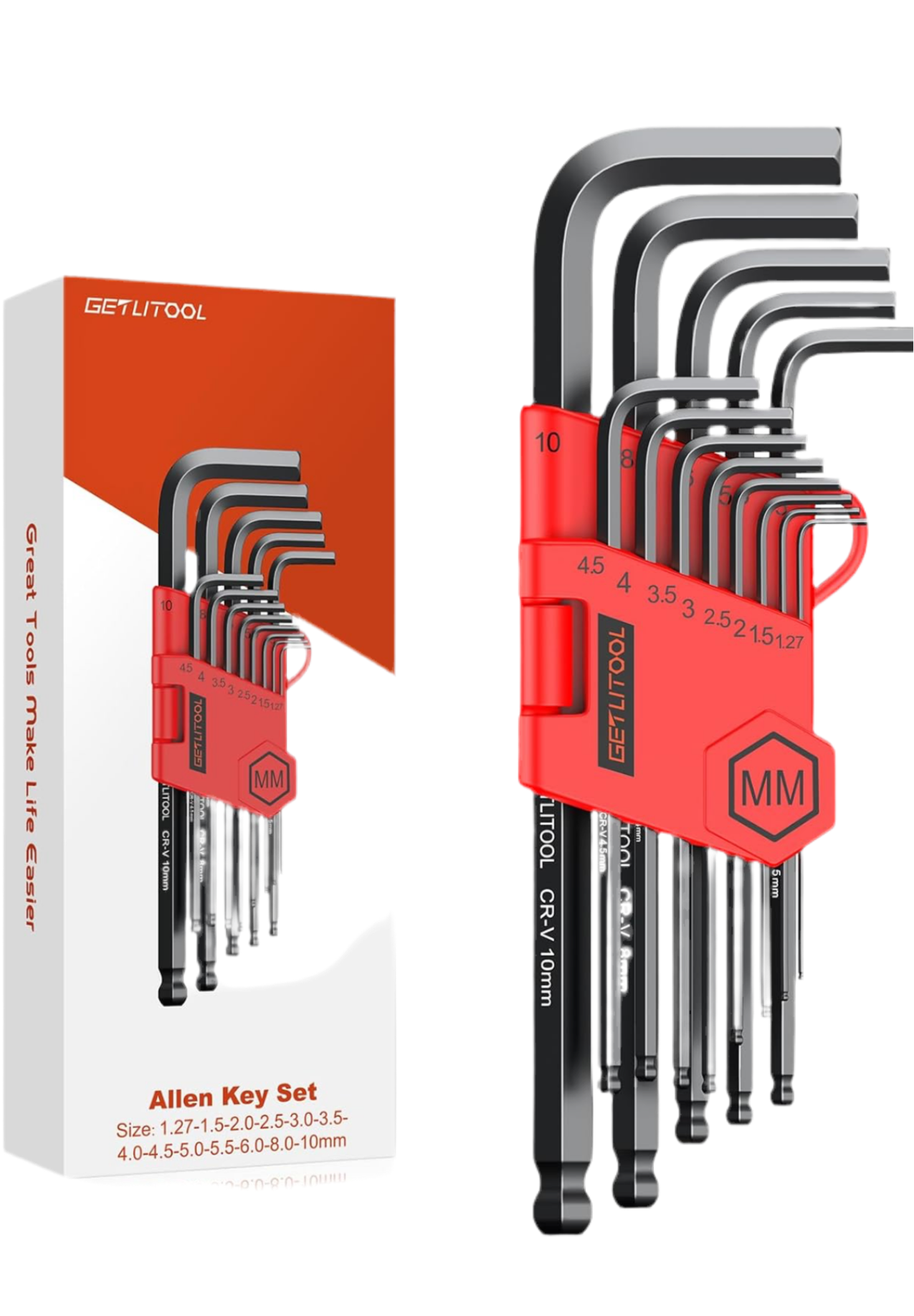 1) GETLITOOL 13Pcs Allen Key Set 1.27-10mm, Cr-V Long Arm Metric Allen Wrench Set, Ball End L-Key Hex Key