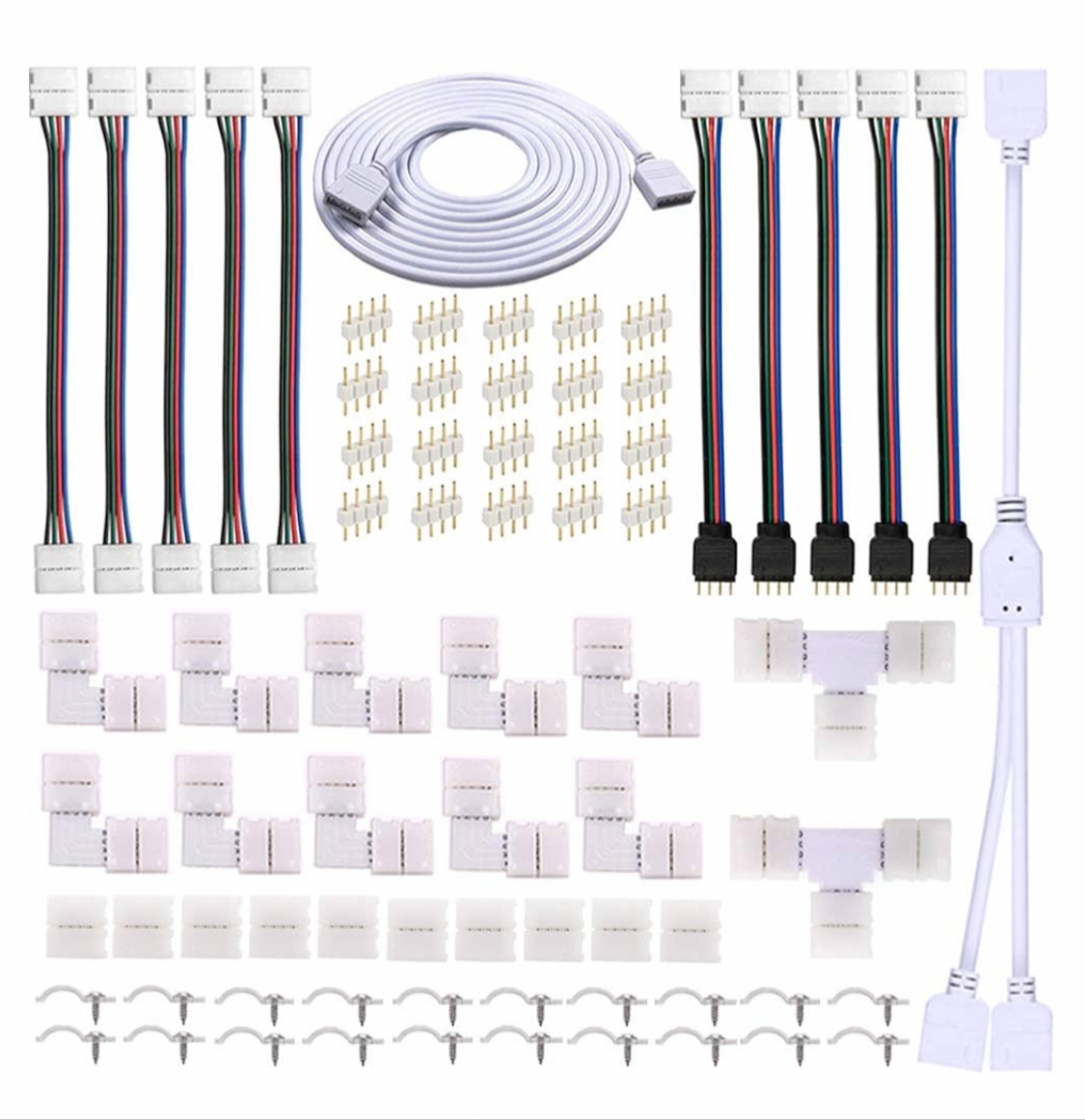 FSJEE 10mm 4pin 5050 RGB LED Strip Solderless Connector Kit- Includes 6.6FT Extension Cable,2 Way Splitter,L and T Shape connectors