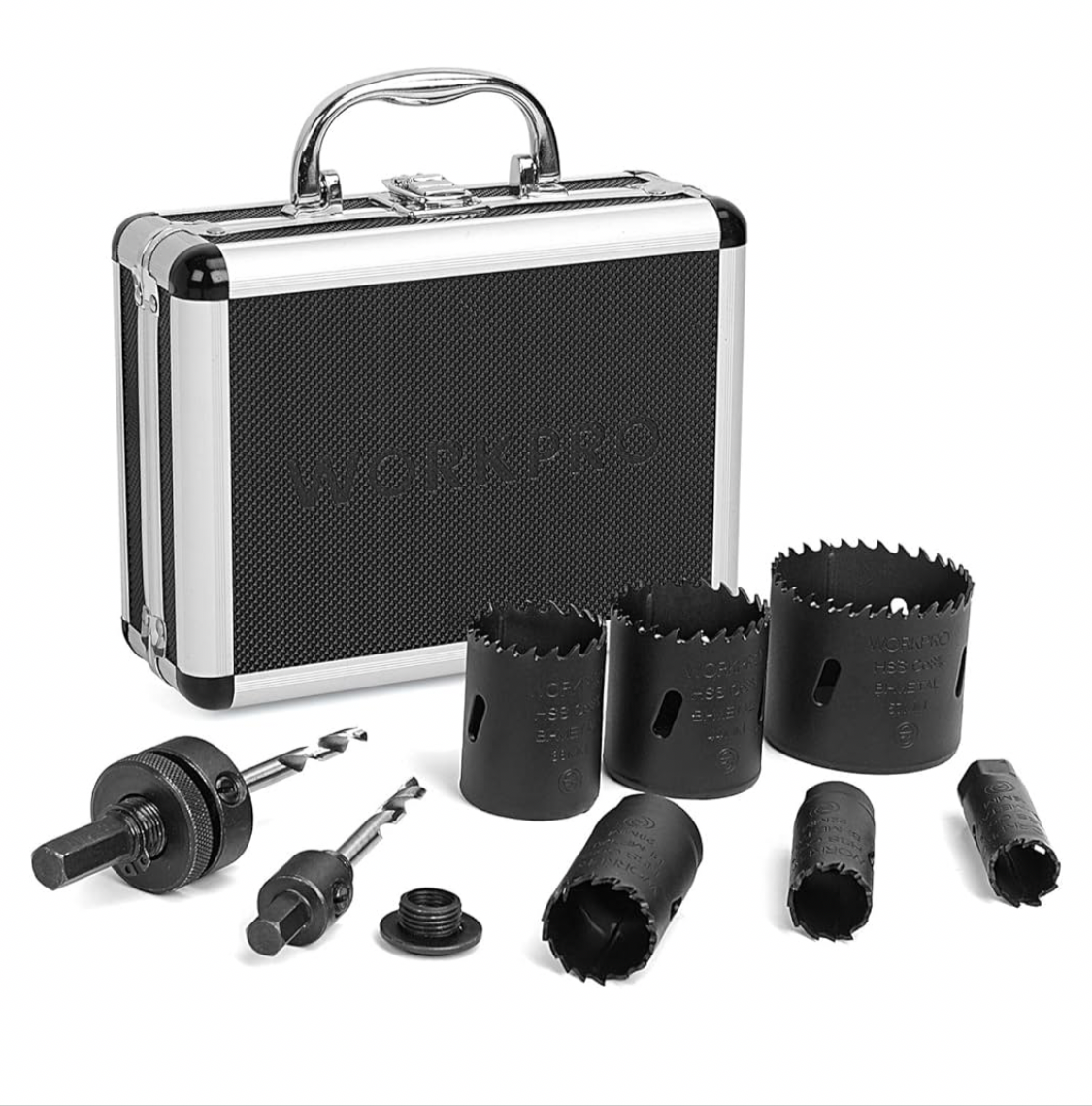 WORKPRO 9-Piece Bi Metal Hole Saw, Hole Saw Kit Made of HSS, 19-57 mm, Ideal for Cutting Stainless Steel, Aluminum, Copper and Wood, with 2 Mandrels and 1 Adaptor, Aluminum Storage Case