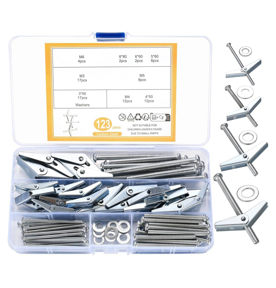 1) 123 Pcs Plasterboard Fixings Screws Sets, Wing Spring Toggle Bolts and Drywall Screws, M3/M4/M5/M6 Spring Toggle Fixings, Hollow Cavity Dry Wall Anchors Screws and Wing Nuts for Plasterboard