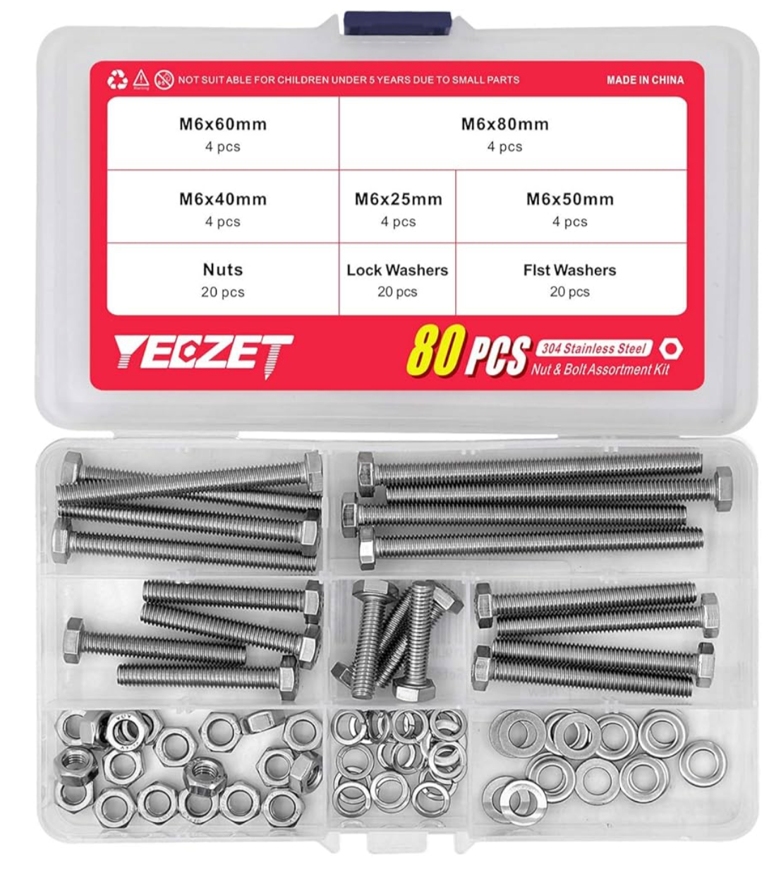 1) M6 25 mm 40 mm 50 mm 60 mm 80 mm 304 Stainless Steel Hex Bolts, Washers, Spring Washers & Nuts Assortment Kit, Pack of 20