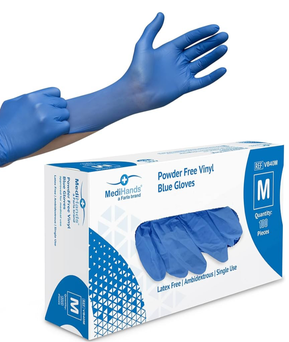 Farla MediHands Blue Medium Vinyl Examination Gloves - Box of 100 Disposable, Powder-Free, Latex-Free, Protein-Free Medical Gloves - Multi-Purpose, Single-Use