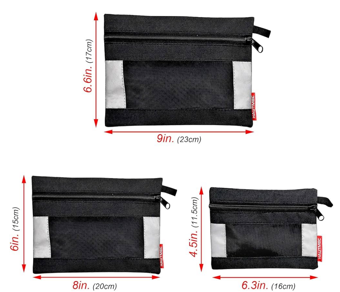 01) HAUTMEC 3 Pieces Small Tool Pouch, Multi Function Zippered Tool Poly Bag with Mesh Window, Heavy-Duty Clip