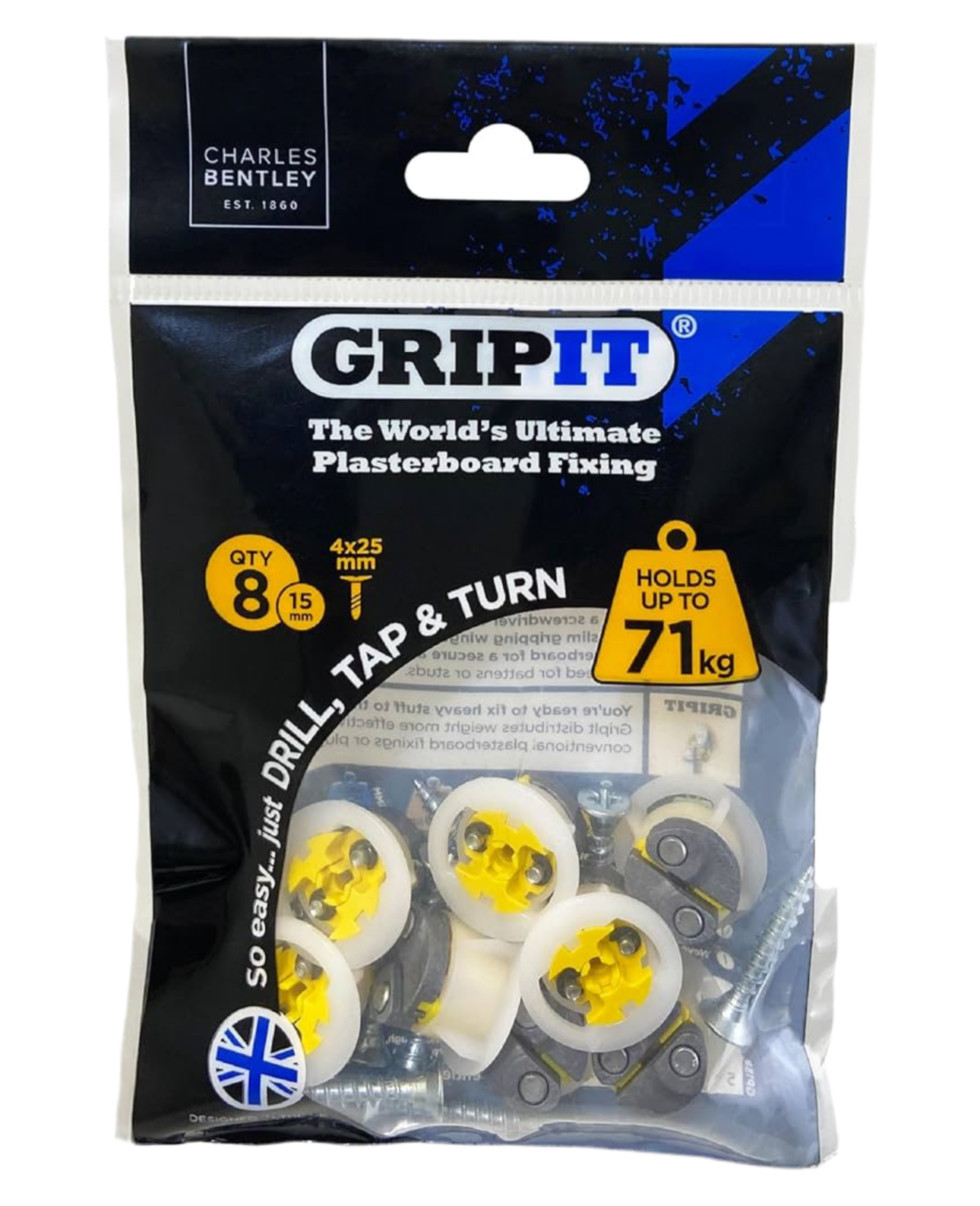 Gripit Yellow Plasterboard Fixings - Pack of 8 - Heavy Duty Plasterboard Fixings Easy Install & UK Designed