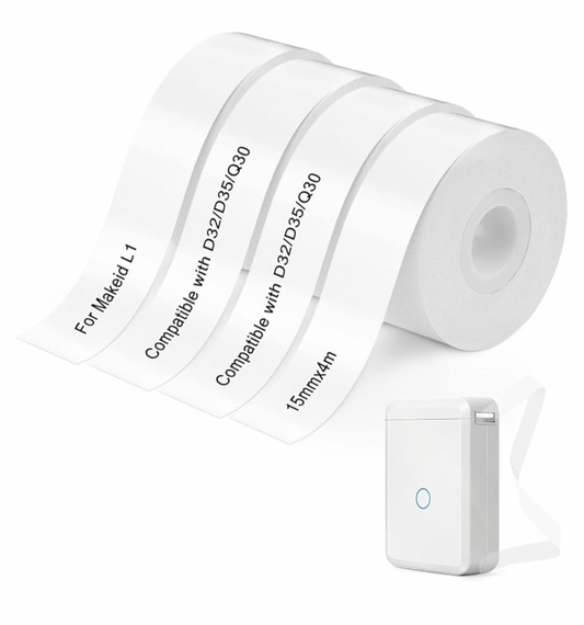 1) 4x Rolls Qutie Label Maker Tape Waterproof DIY Self-Adhesive Label Compatible for Qutie P15/P12/Q2/HP1/HP4/D32/D35 Thermal Printer Labels for Name Price Shelf Life Classification Label (15mmx4m)