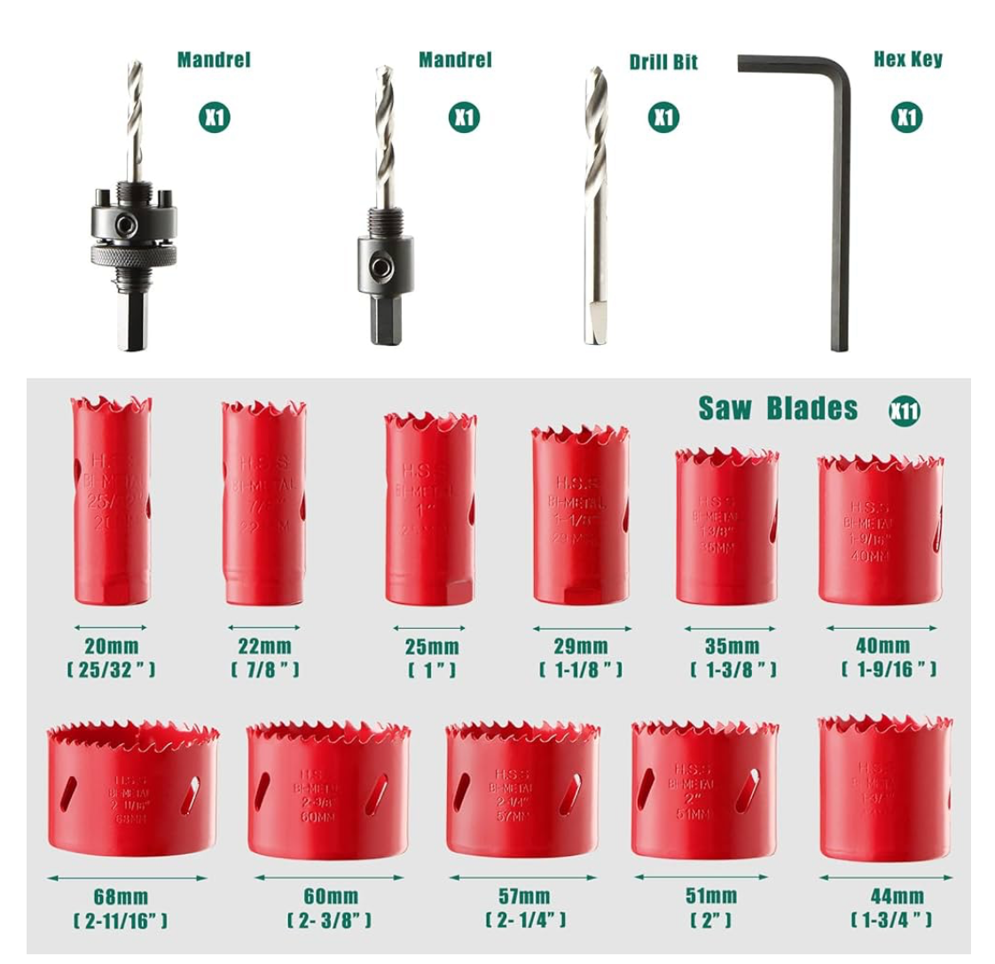 2) Bi-Metal Hole Saw, 17 PCS Hole Saw Set 20mm-68mm, Cutting Depth: 40mm, Perfect for Drilling Soft Metal, Wood, PVC Board and Plastic
