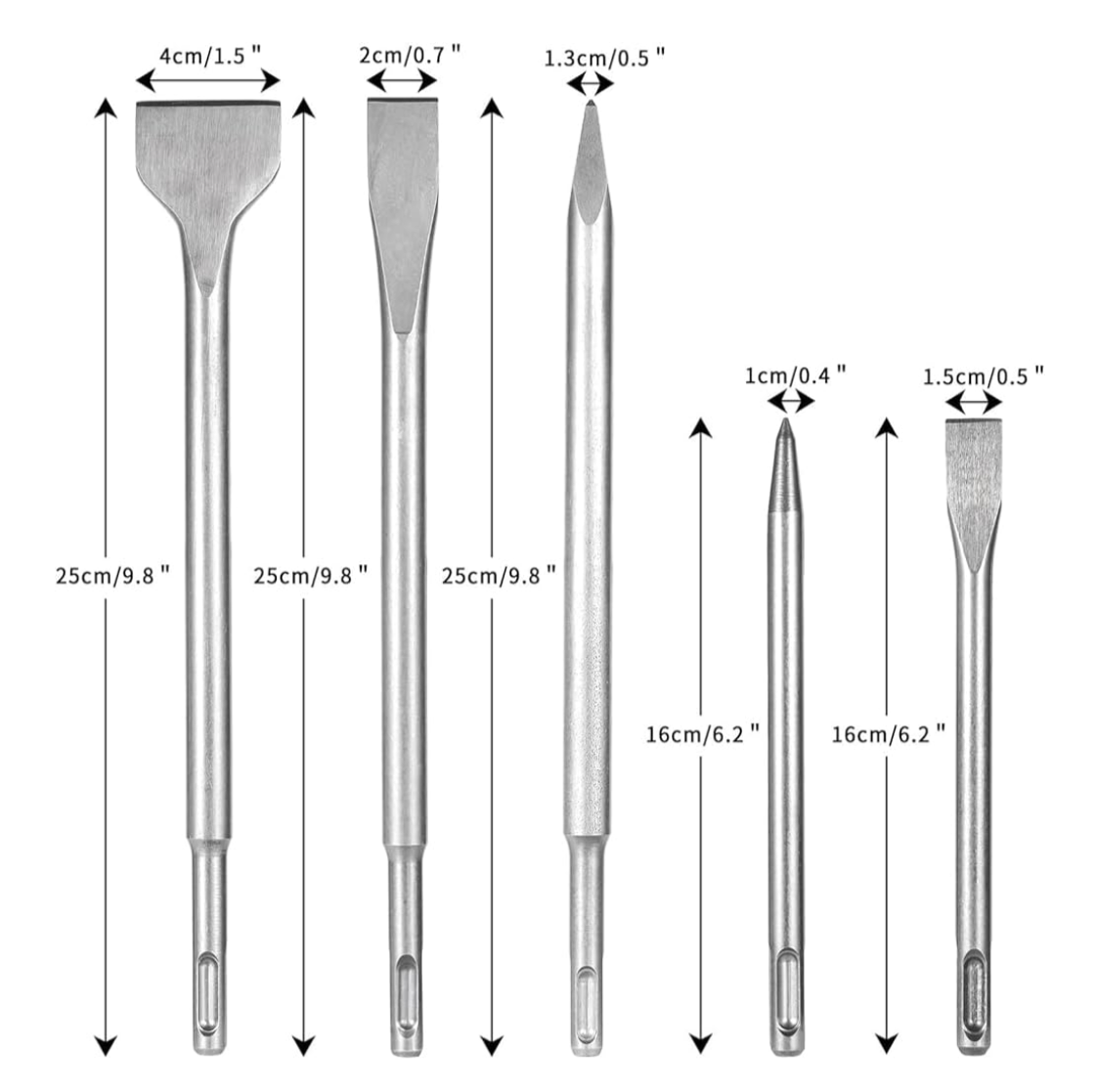 02) SDS Plus Hammer Chisel Set - Includes 3 Flat Chisel & 2 Point Chisel bits