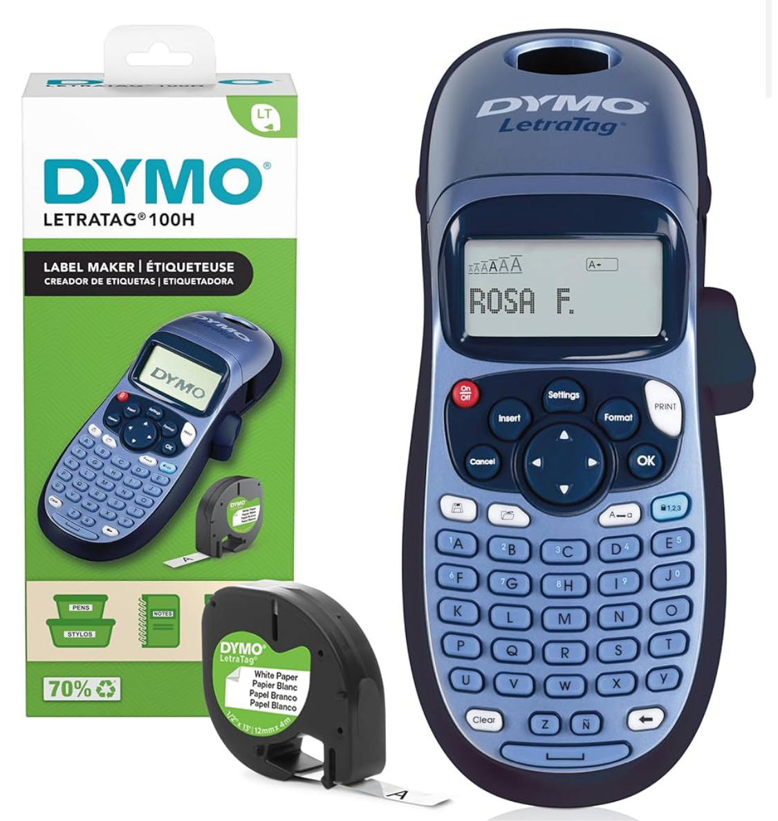 1) Dymo LetraTag LT-100H Handheld Label Maker & 1x Tape | ABC Keyboard Label Printer with Easy-to-Use, 13 Character LCD Screen | for Home or Office | Blue