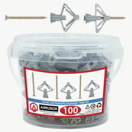 99) 100pcs Drywall Anchor Kit - DIN Standard Butterfly Expansion Tubes with Flat Head Screws for Gypsum Board & Plasterboard Installation