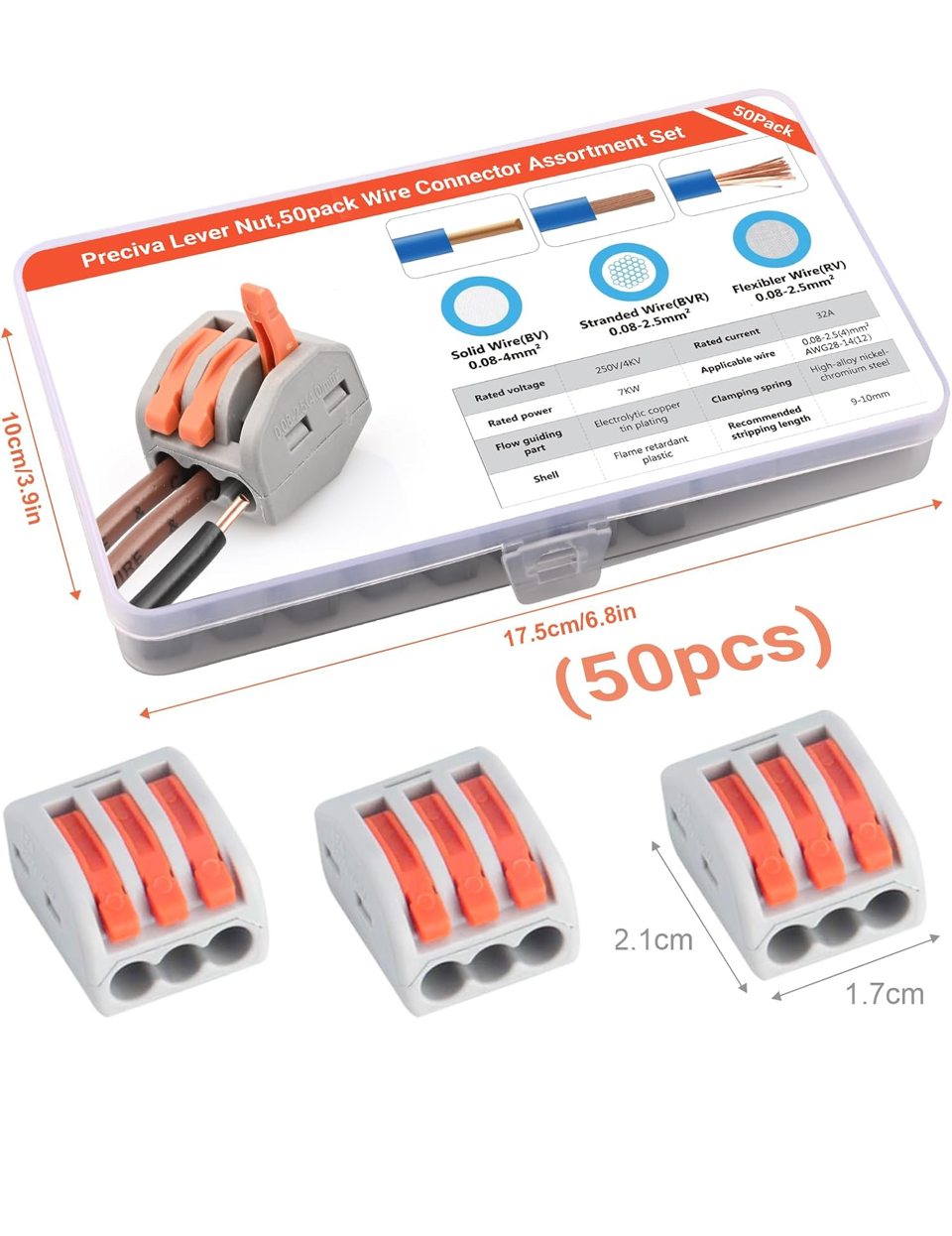 0) 50pcs Wire Connectors, Preciva Electrical ConnectorBlocks, 3-Way Compact Cable Lever lock