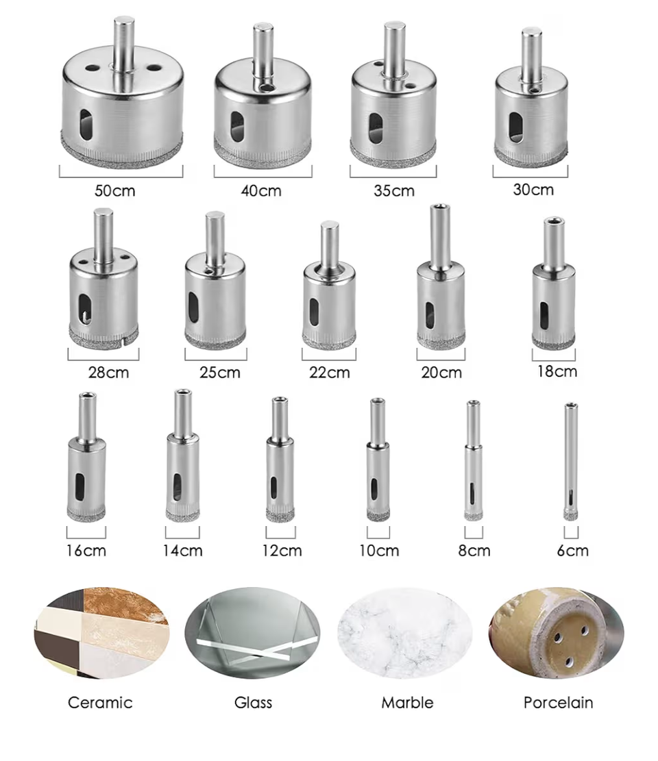 Diamond Core Drill Bit Set – 15 Piece Glass, Tile & Marble Hole Saw Kit (8mm-50mm) Carbon Steel Hole Saw Cutter for Glass/Tile/Ceramic/Marble/Porcelain Cutting
