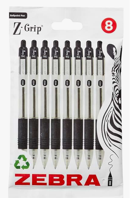 999) Zebra Pen Z Grip Black Ballpoint Pens with Pocket Clip 8pk, Retractable Black Ink Ballpoint Pens, Reliable Black Biro Pens Multipack for Everyday Use Design, New Pack Size 8pk