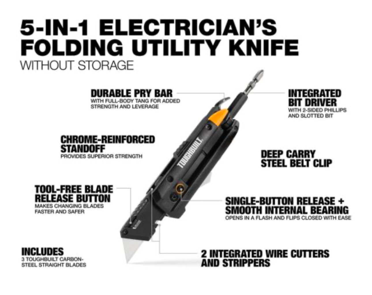 ToughBuilt TB-H4-12-IM 5 In 1 Electricians Folding Utility Knife C/W Bit Driver + Pry Bar