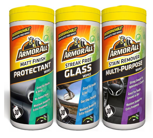 Armor All, Car Interior Cleaning Wipes, Triple Pack for Dashboard, Glass & All Around Interior, 90 Biodegradable Wipes (Set of 3x30 Plastic Free Wipes)