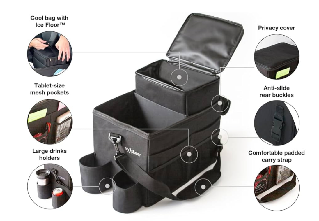 Van Front Seat Organiser, With Detachable Cooler Bag And Compartment Storage Solution, Adjustable Padded Carry Strap and Non-Slip Clips, (Black, 24L)