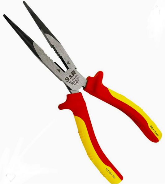 01) Long Flat Nose Pliers 1000V Insulated Chrome