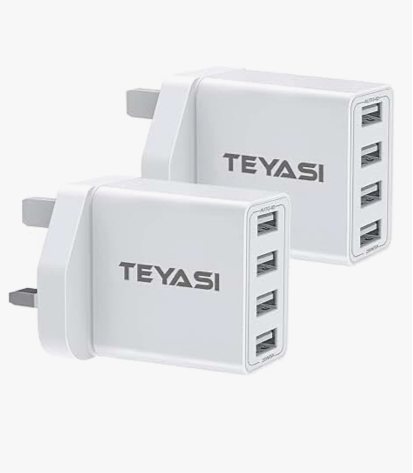 999) 2 Pack USB Plug Adaptor UK,Multi USB Charger Plug UK 4 Port 3 Pin USB Wall Charger 25W/5V/2.4A Multiple Mains Charger Power Adapter Fast