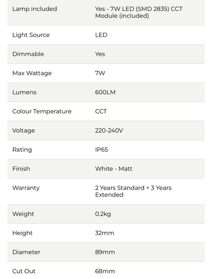 74) Low Ceiling Space Saver - NITRO SLIM | 7W LED | Fire Rated Downlight (IP65 Dimmable) White (85mm Cut out)