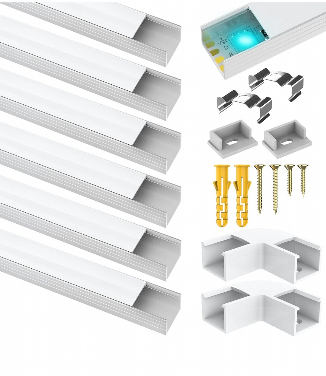 6 Pack Led Aluminum Profile for Philips Hue Led Strip Lights etc,1m/3.3ft U-Shape Led Aluminum Channel, Led Diffuser with Milky White Cover, End Caps and Metal Mounting Clips (6Meter)