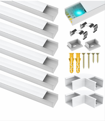 6 Pack Led Aluminum Profile for Philips Hue Led Strip Lights etc,1m/3.3ft U-Shape Led Aluminum Channel, Led Diffuser with Milky White Cover, End Caps and Metal Mounting Clips (6Meter)