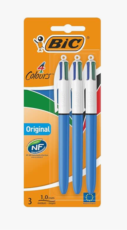 999) BIC 4 Colours Original Pens, Multi Coloured Pens All In One, Biro Pens, Medium 1.0mm, Green, Blue, Red, Black, 3 Pens Per Pack, 1 Pack