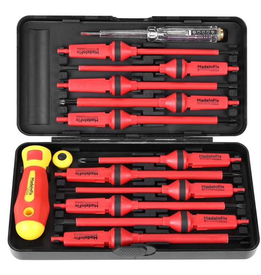 MadeInFix Screwdriver Set, 14 Piece VDE Insulated Electricians Tools Kit with Rubber Handle in Hard Case | Interchangeable | Magnetic Tips | 1000V |
