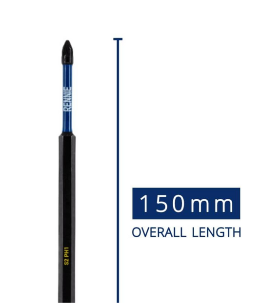 0) (Best Seller this month) Rennie 150mm Magnetic Impact Driver Bit PZ2 Extra Long PH1 Hex Shank - Black Oxide Coate