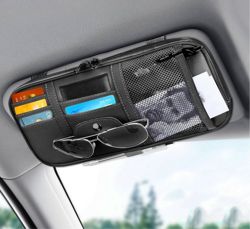 Car Sun Visor Organizer, Auto Interior Leather Storage Pocket Pouch, Bag for Card License Registration Pen Mobile