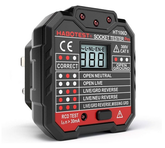 01) QUILLE Socket Tester Mains Outlet Tester with LCD Display Neutral Live Earth Wire Testing RCD Test (UK)