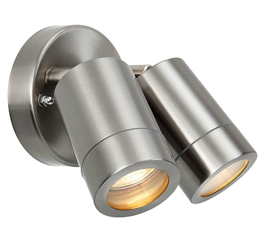 IP44 Rated Outdoor Twin Spotlights, Brushed Stainless Steel Adjustable Tilt Outside Lights, Mains Powered Security Spot Lights, 2X 7W 240V LED GU10 (Not Included)