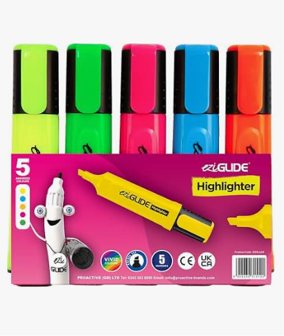 999) Eziglide Highlighters Pens Assorted, Pack of 5 Vibrant Highlighters Neon Assorted Chisel Tip Marker Highlighter Pens, 1-4.5mm line for clear marking