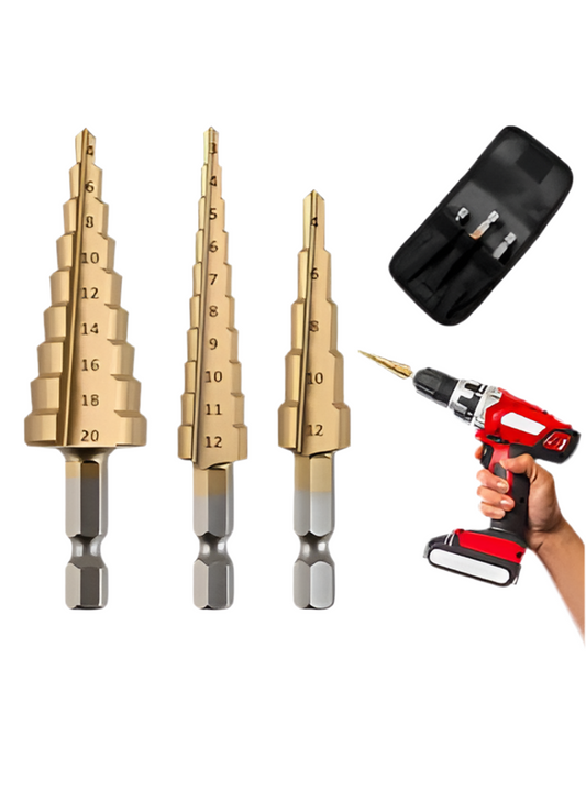 0) 3PCS Titanium Step Drill Bit Set (3–12mm, 4–12mm, 4–20mm) Cone cutter