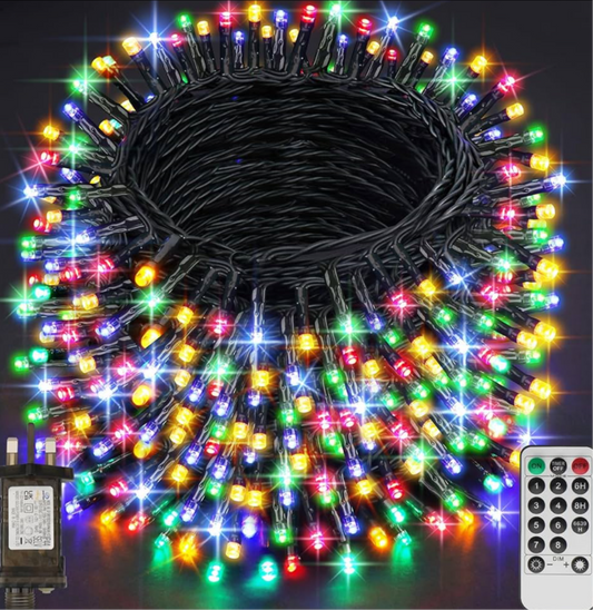 97) FAIRY LIGHTS 29.2M - 220xLED Indoor/Outdoor String Lights (Plug In 240v)8 Modes/Remote Control (Multi coloured)