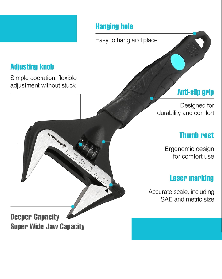 0) DURATECH 8-Inch/200mm Adjustable Wrench, Wide Jaw Large Opening