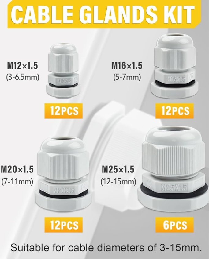 00) (Best Seller this month) 42Pcs Locknut Cable Glands Waterproof IP68 Connectors Set M12x12 - M16x12 - M20x12 - M25x56