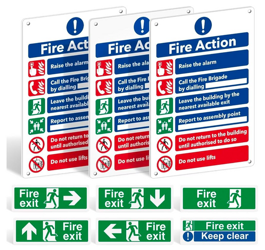 Fire Safety Signs Pack of 9 - Fire Action Notice Sign - 1mm Rigid Plastic - 300 x 200mm, Fire Exit Sign Sticker, Fire Exit Keep Clear Sign - Self-Adhesive Vinyl Emergency Exit Signage, Matte Finis