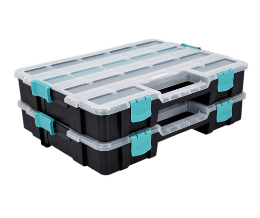 Plastic Storage Box - Stackable Organizer Case with Adjustable and Removable Divider Compartment - 2 Boxes