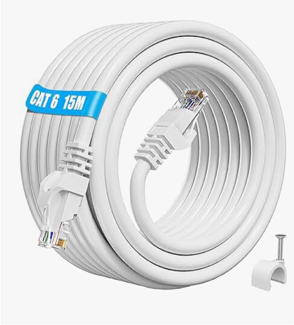 Ethernet Cable 15m, Cat 6 Outdoor Indoor High Speed Internet Cable, 23AWG Gigabit Network Cable 15 Meter, 250MHz RJ45 Patch LAN Cable Waterproof for Router PS4/5 (15 Clips)