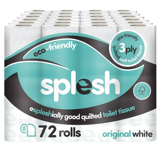 998) Splesh by Cusheen 3-ply Toilet Roll - Unscented (72 Pack) Soft, Quilted Bulk Toilet Rolls, Toilet Tissue and Loo Rolls