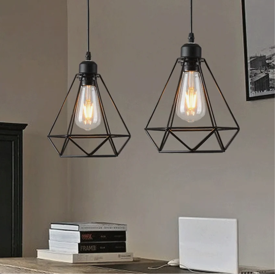 97) 2x Black Hanging Pendants Lights with Vintage Bulb x2