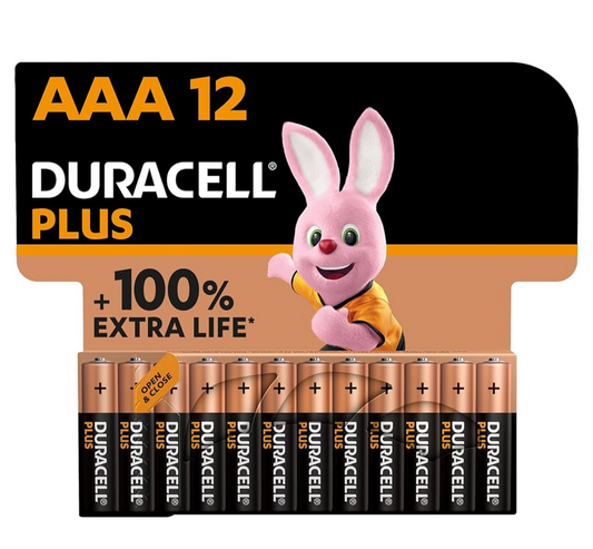 Duracell Plus (AAA) Batteries (12 Pack) - Alkaline 1.5V - Up To 100% Extra Life