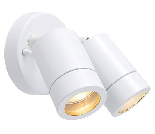 IP44 Rated Outdoor Twin Spotlights, Gloss White Steel Adjustable Tilt Outside Lights, Mains Powered Security Spot Lights, 2X 7W 240V LED GU10 (Not Included)